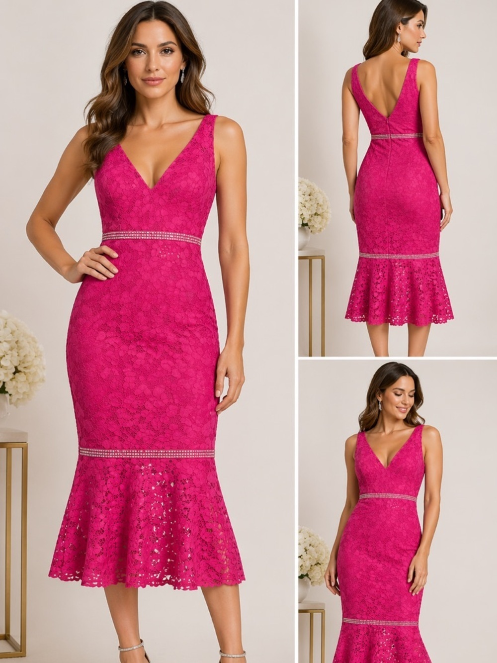 NICHOLAS Azalea Floral Lace Trumpet Hem Midi Dress in Fuchsia Size 4 Cocktail